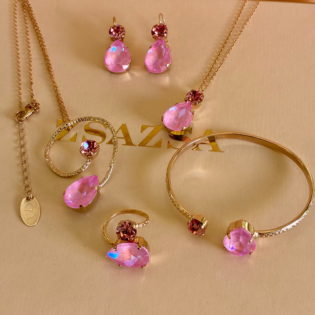 Handmade teardrop Pink Swarovski crystals rose gold set