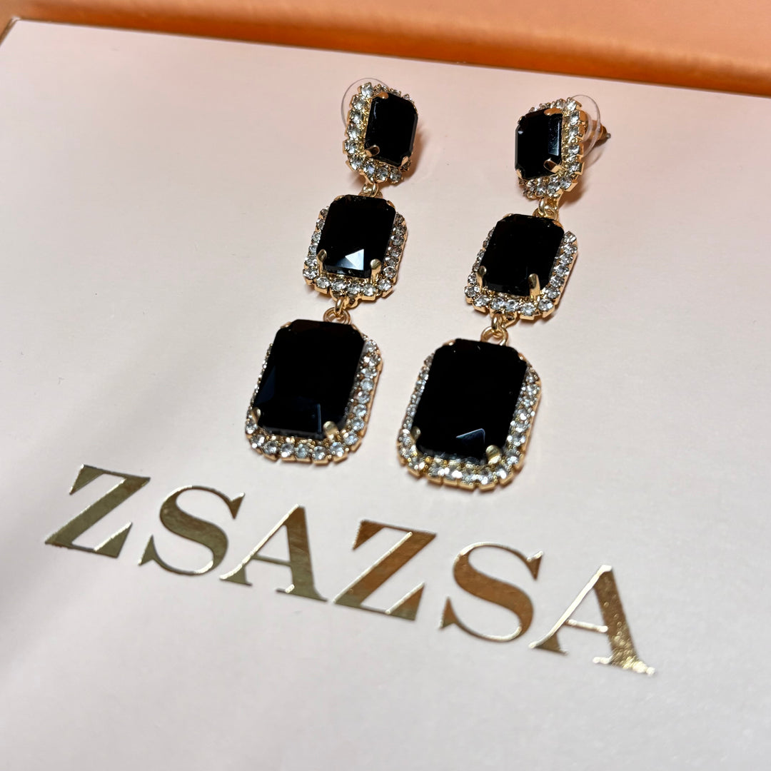 Rectangular black rhinestone gold earrings