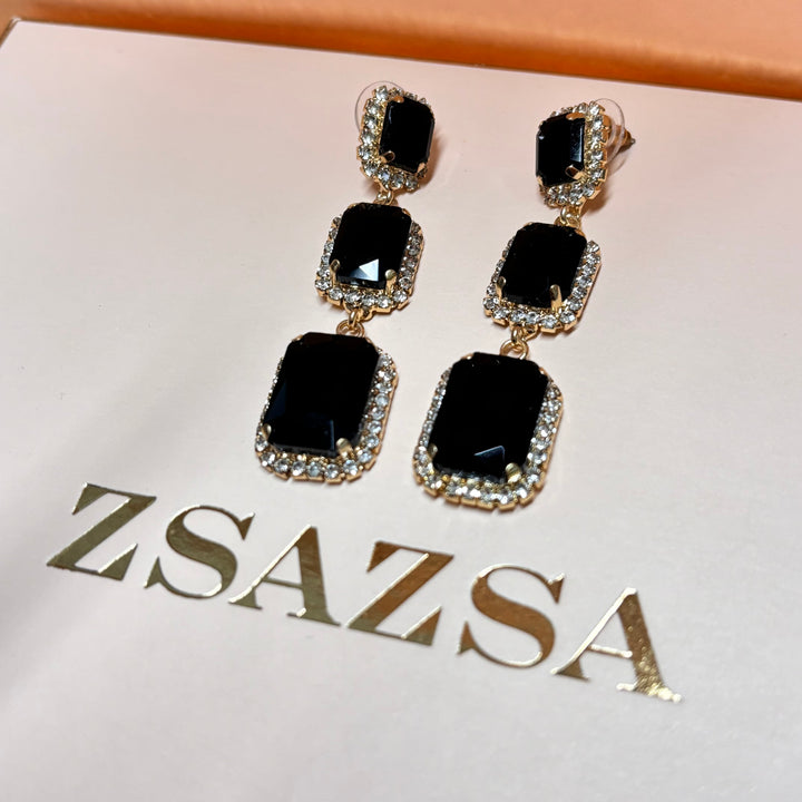 Rectangular black rhinestone gold earrings