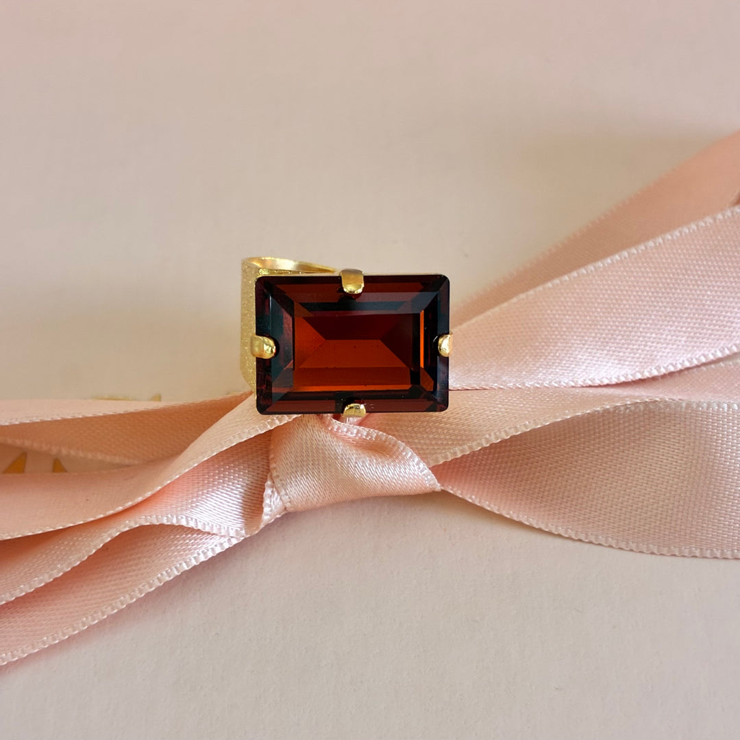 Rectangular brown preciosa crystal gold plated ring