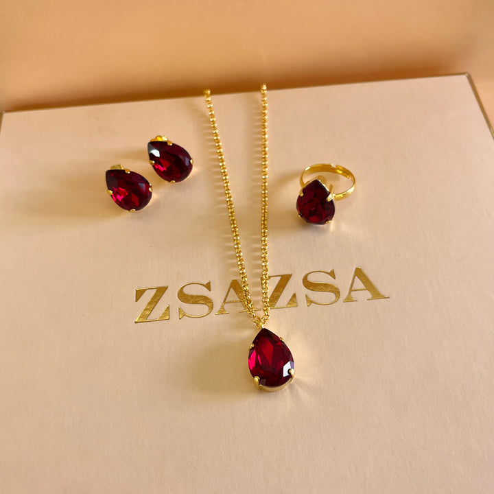Dark red teardrop Preciosa crystals set
