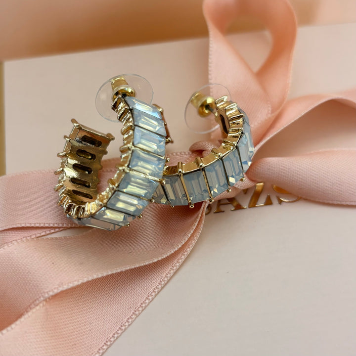 White rhinestone baguette gold plated hoops
