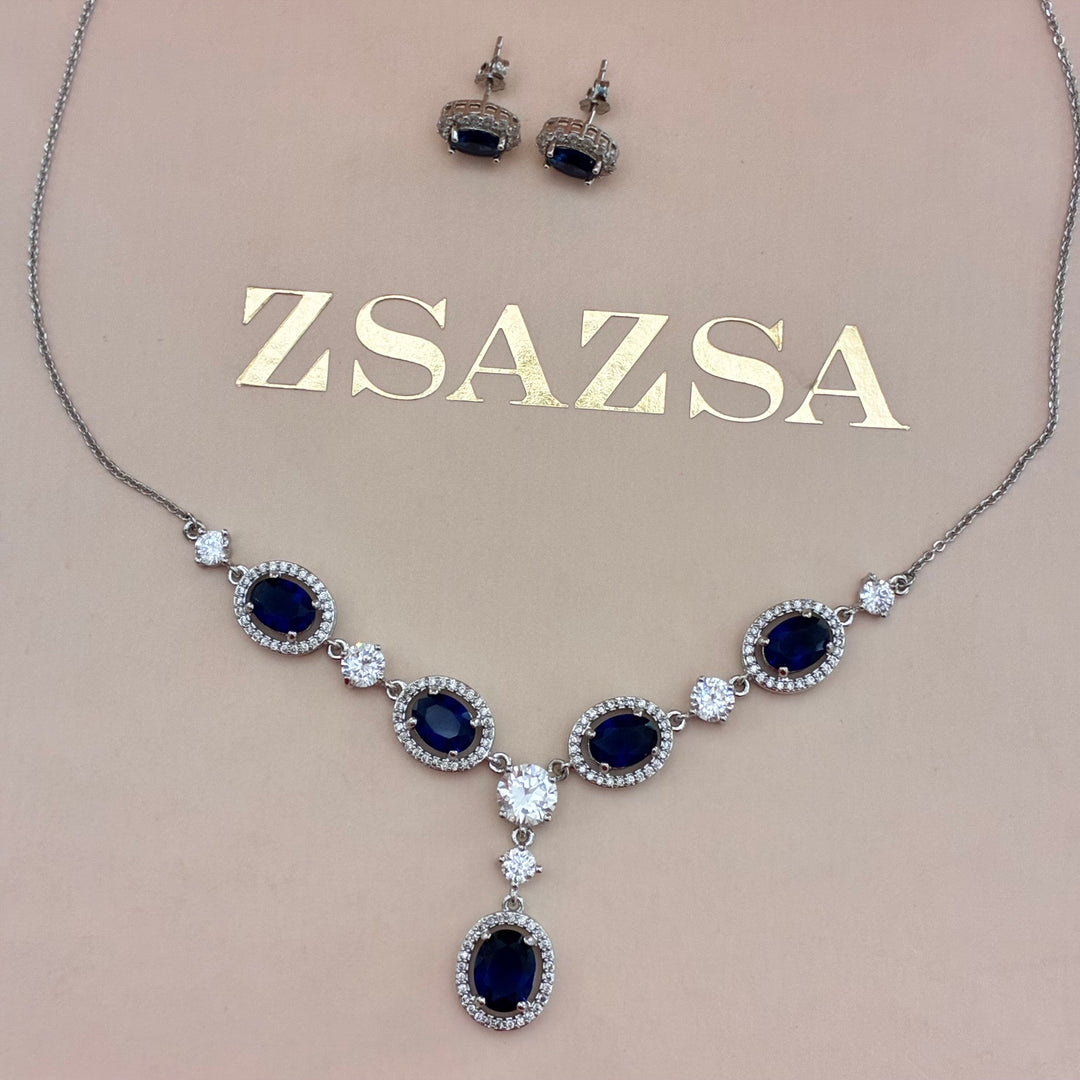Oval navy blue zircone silver set