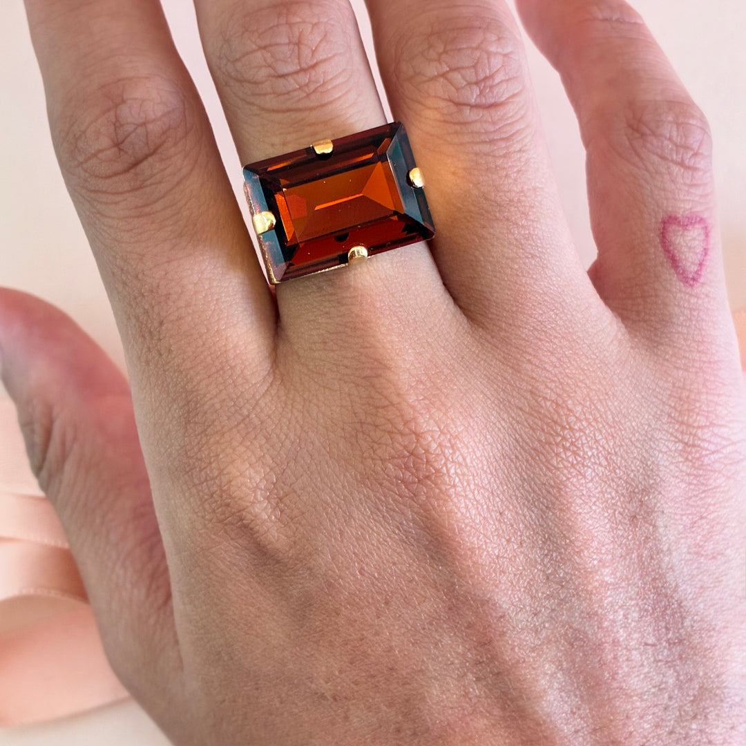 Rectangular brown preciosa crystal gold plated ring