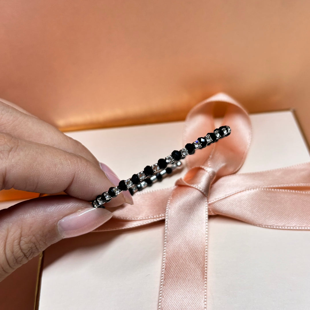 Black rhinestone silver bangle