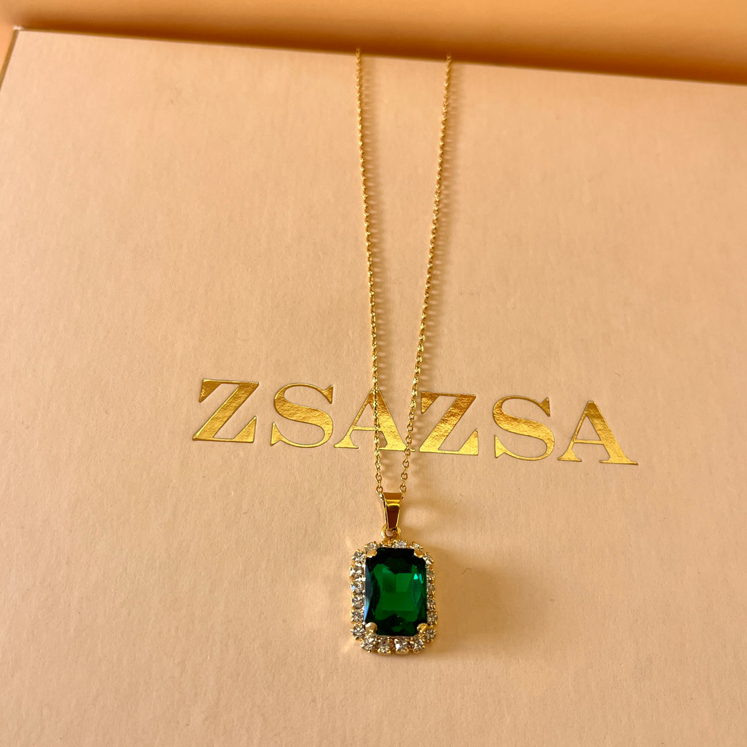 Dark green rectangular Preciosa crystals pendant and ring