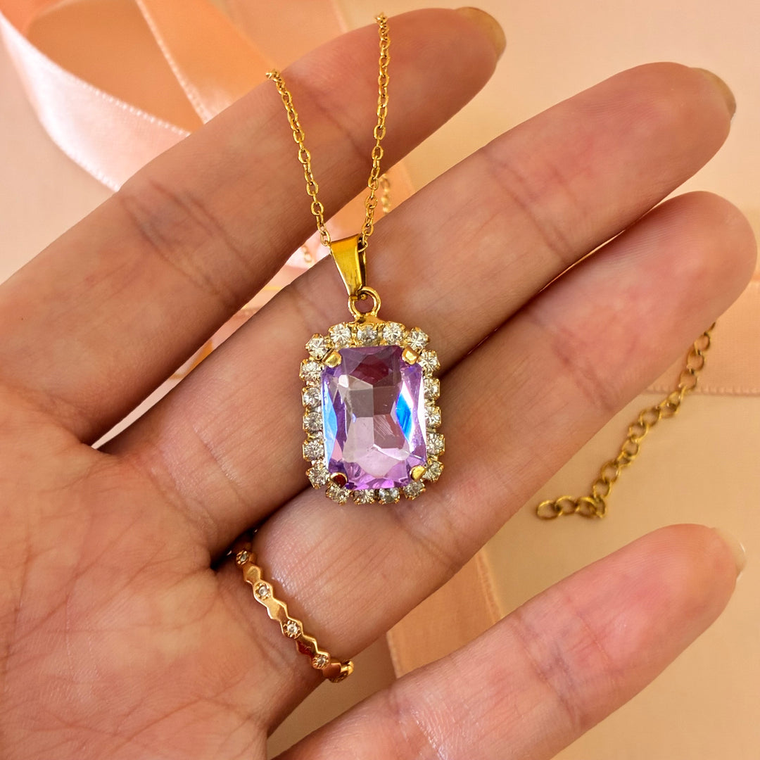 Rectangular lilac Preciosa Crystals gold plated pendant set