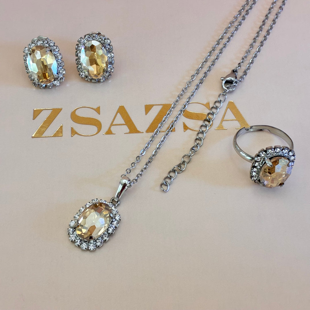 Oval Champagne Preciosa crystals silver set