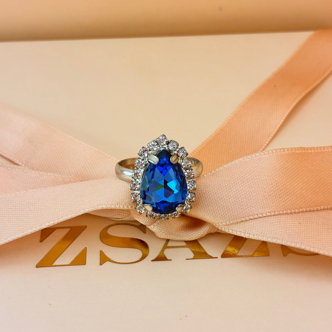 Teardrop royal blue Preciosa crystals silver ring