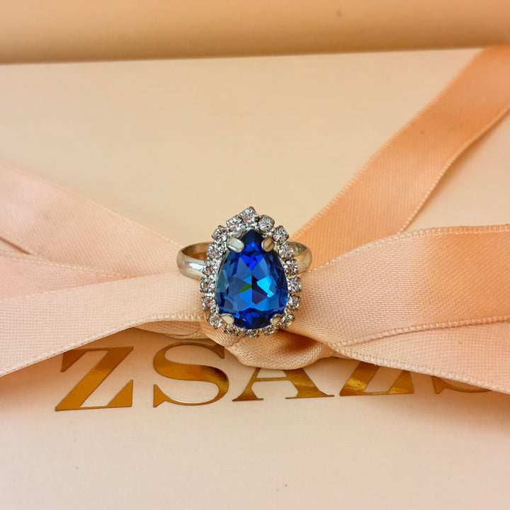 Teardrop royal blue Preciosa crystals silver ring
