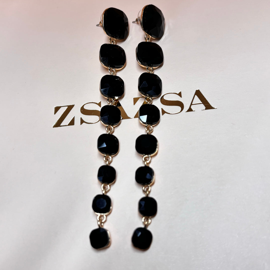 Long black rhinestone gold earrings