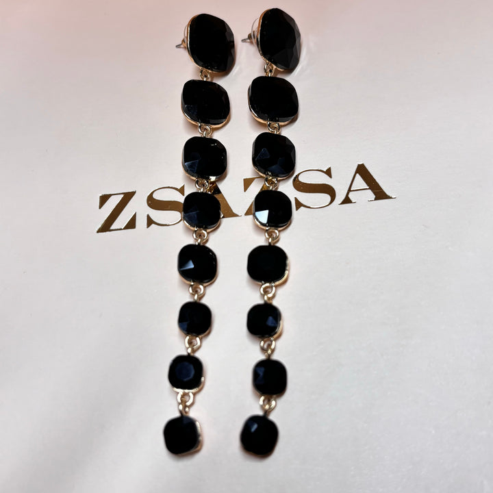 Long black rhinestone gold earrings