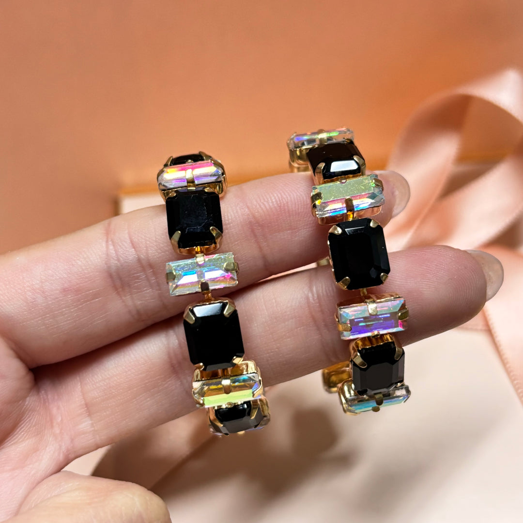 Black and aruora borealis rhinestone gold hoops