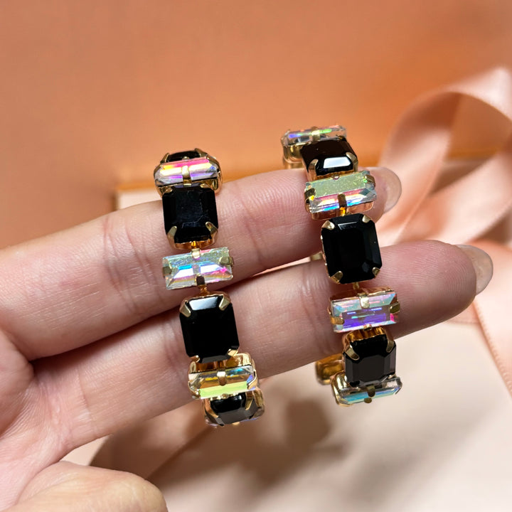 Black and aruora borealis rhinestone gold hoops