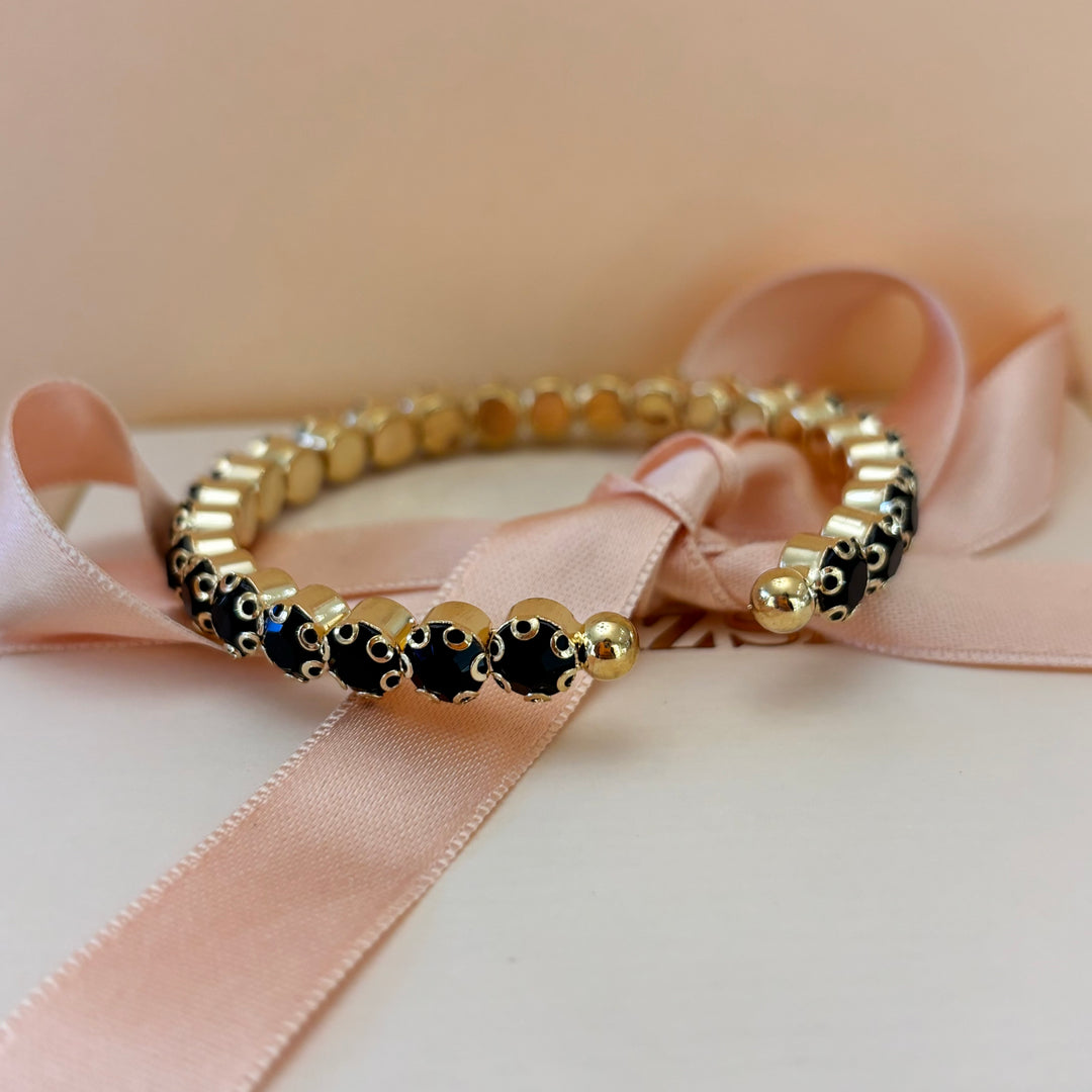 Black rhinestone gold plated bangle