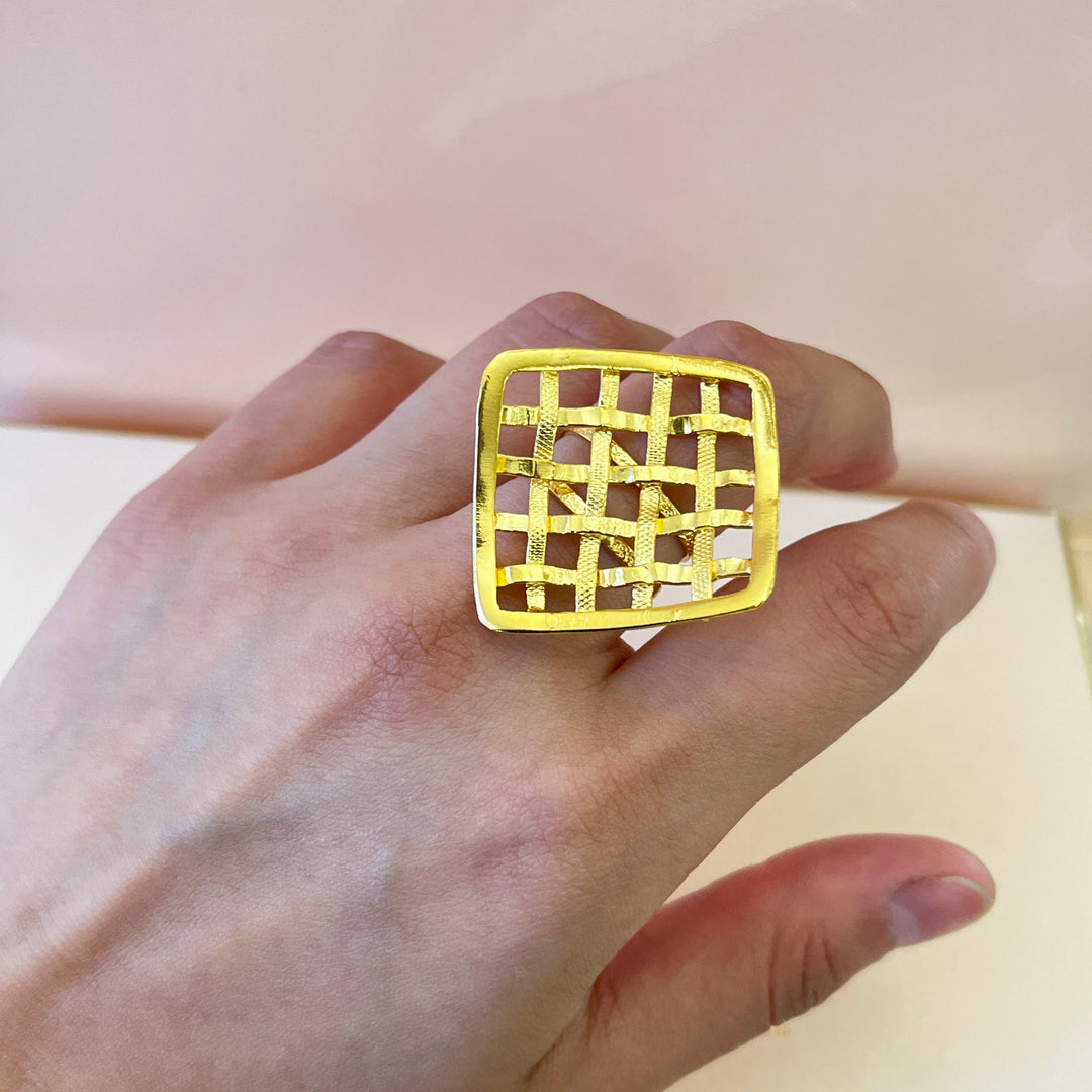 Square grid gold handmade bangle and ring