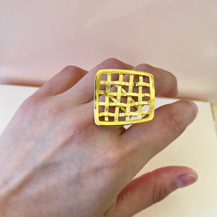 Square grid gold handmade bangle and ring