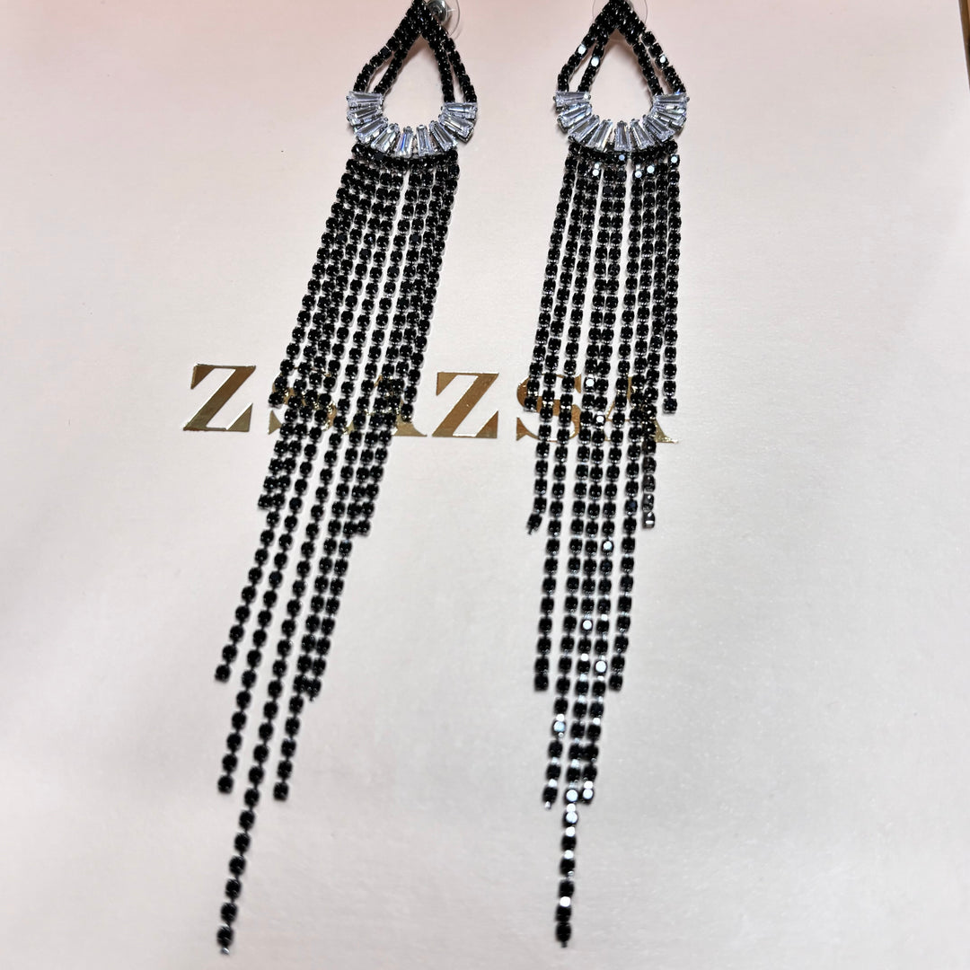 Black rhinestone long earrings