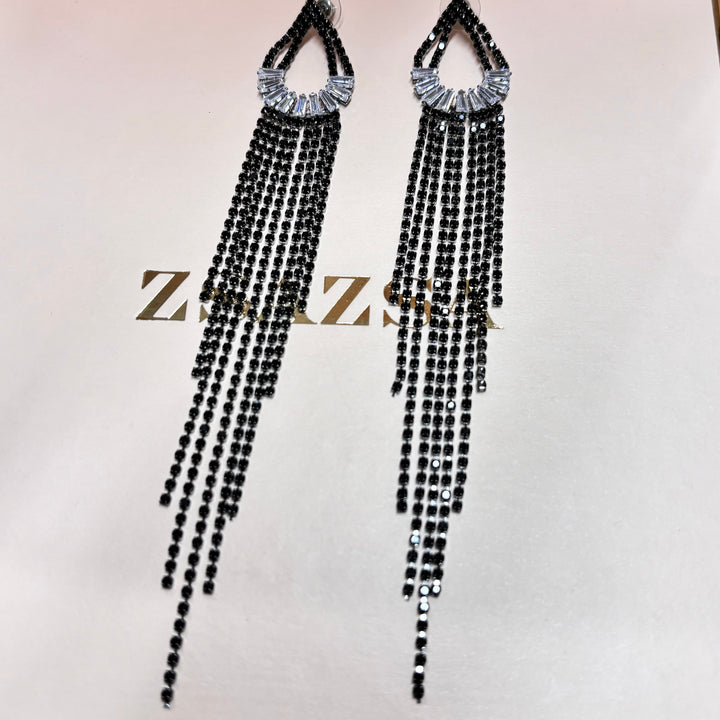 Black rhinestone long earrings