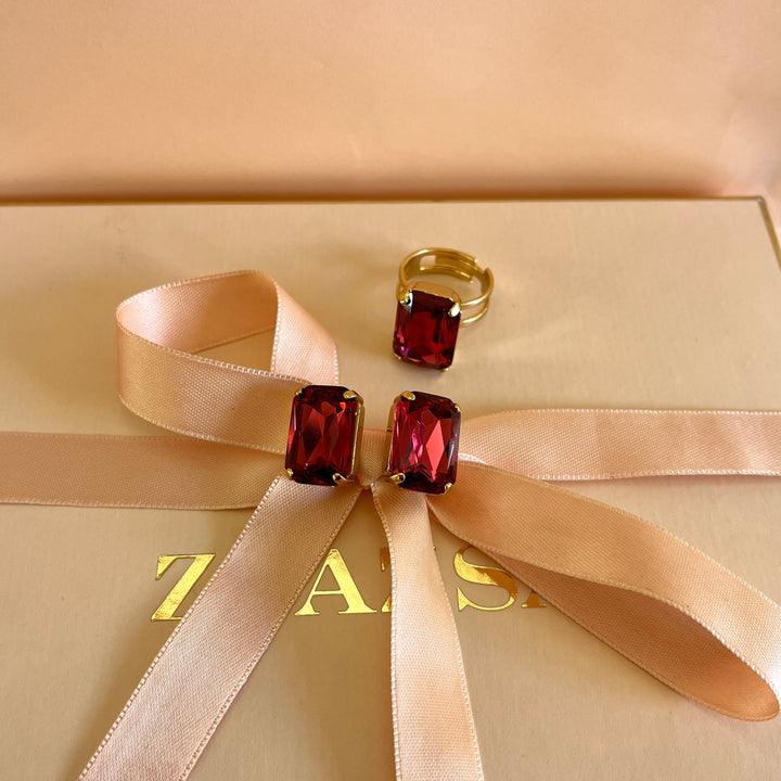 Red rectangular Swarovski crystals studs and ring