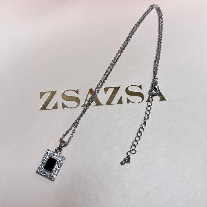 Dainty rectangular black rhinestone silver pendant