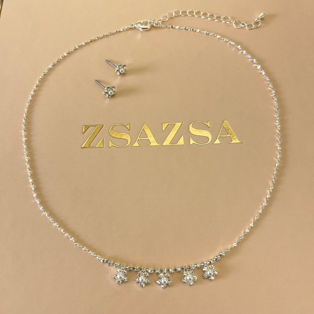 Flower pearls white gold plated set