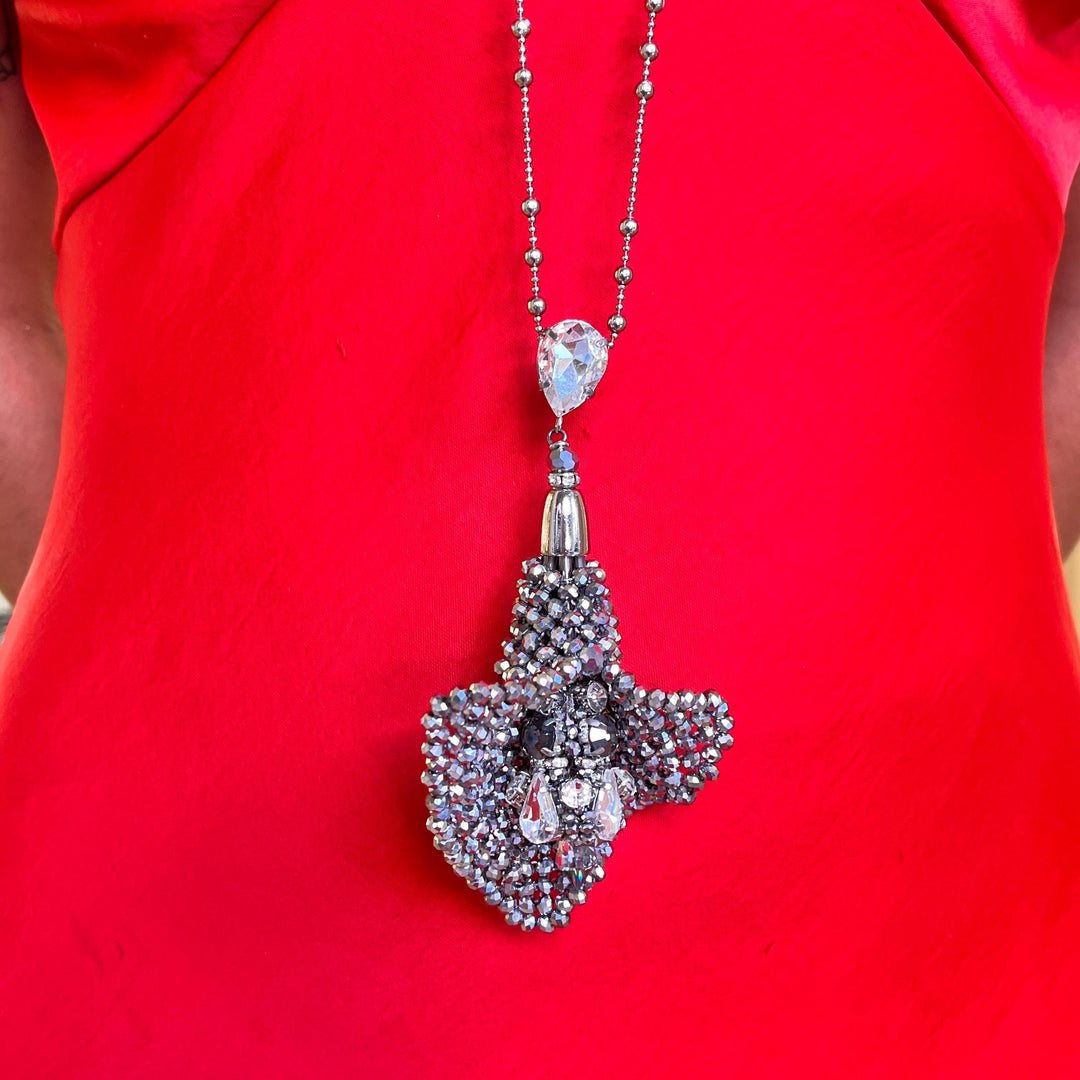 Grey tulip handmade long necklace with Swarovski crystals