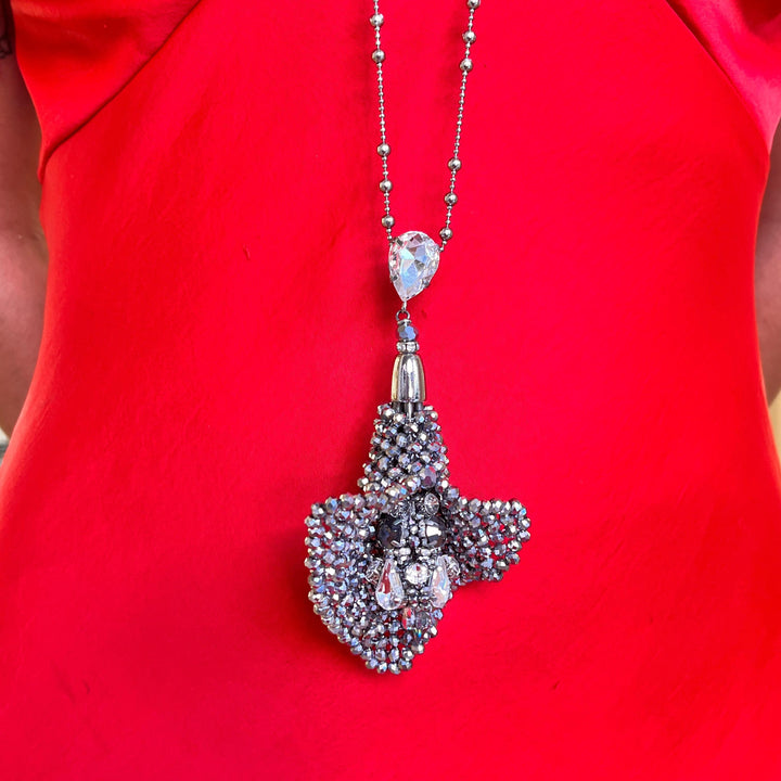 Grey tulip handmade long necklace with Swarovski crystals