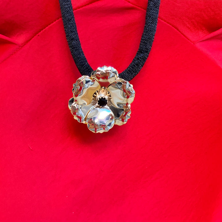 Black silk cord necklace with Flower Preciosa crystals