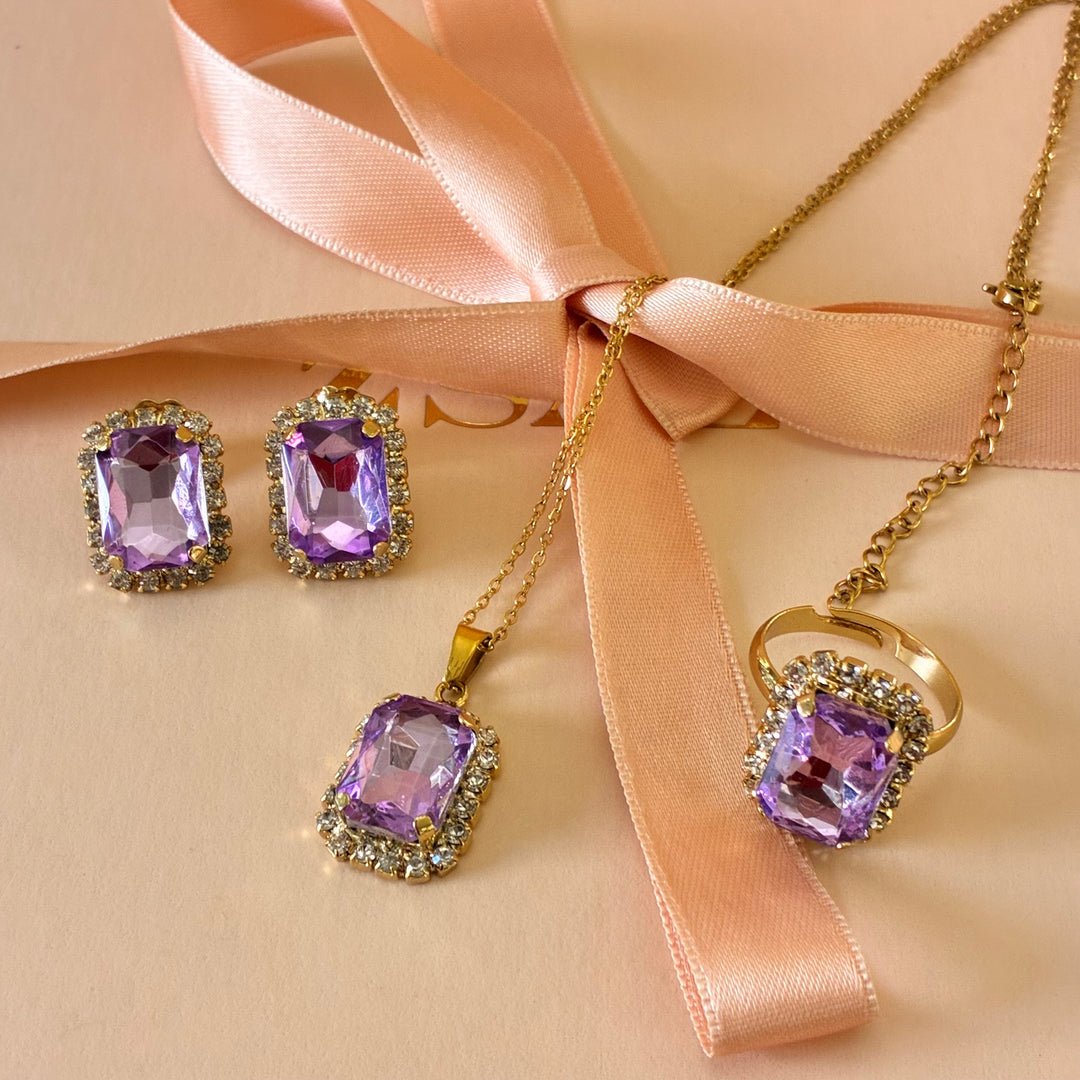 Rectangular lilac Preciosa Crystals gold plated pendant set