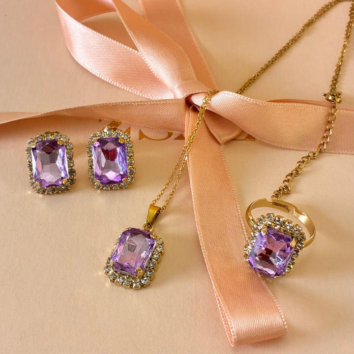 Rectangular lilac Preciosa Crystals gold plated pendant set