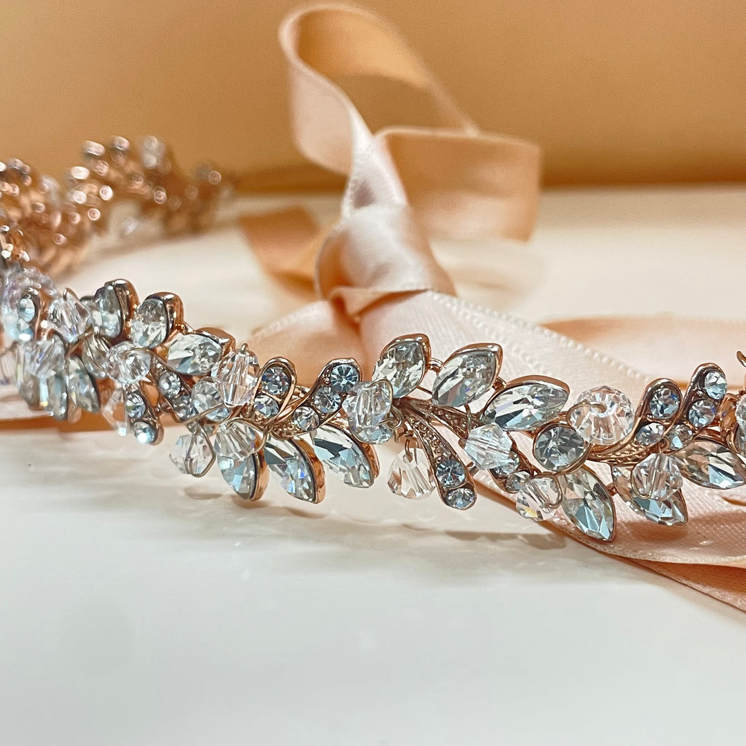 Leaves and crystals rose gold headband