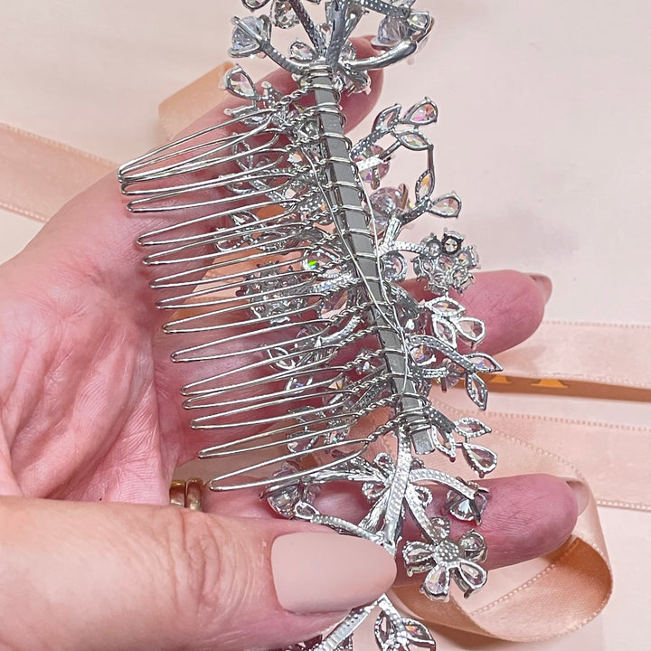 3-D silver long statement cubic zirconia comb