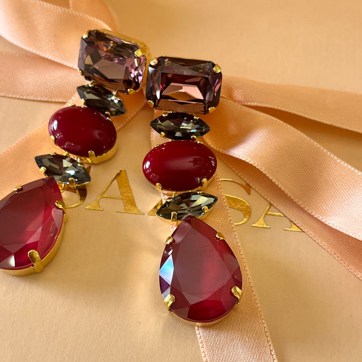 Shades of dark red Swarovski crystals earrings and bracelet