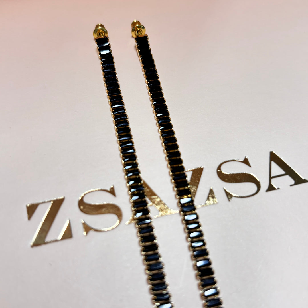 Long black rhinesetone baguette gold earrings