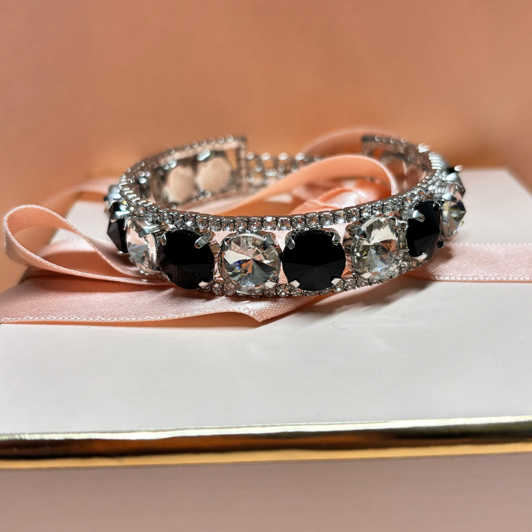 Black rhinestone silver bangle