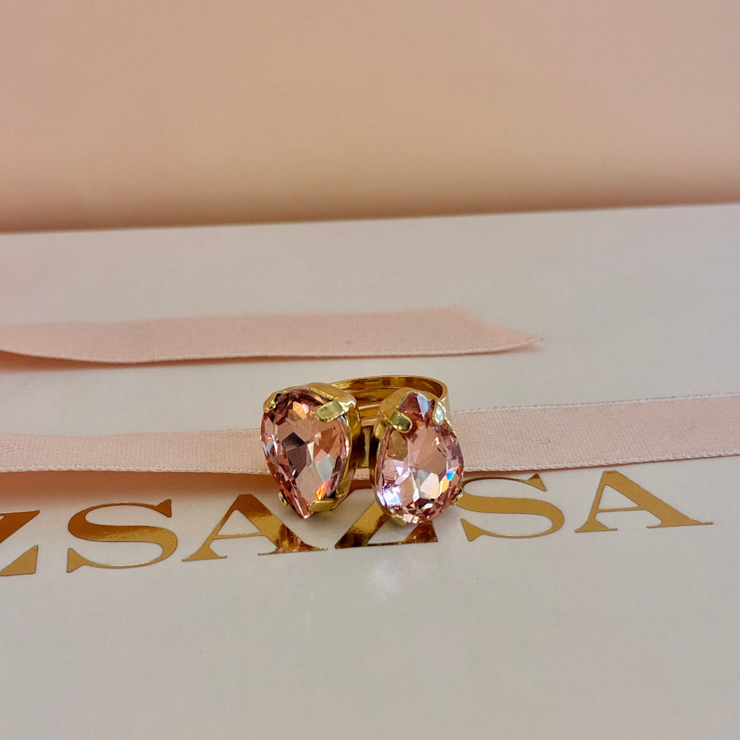 Double teardrop peach preciosa crystals ring