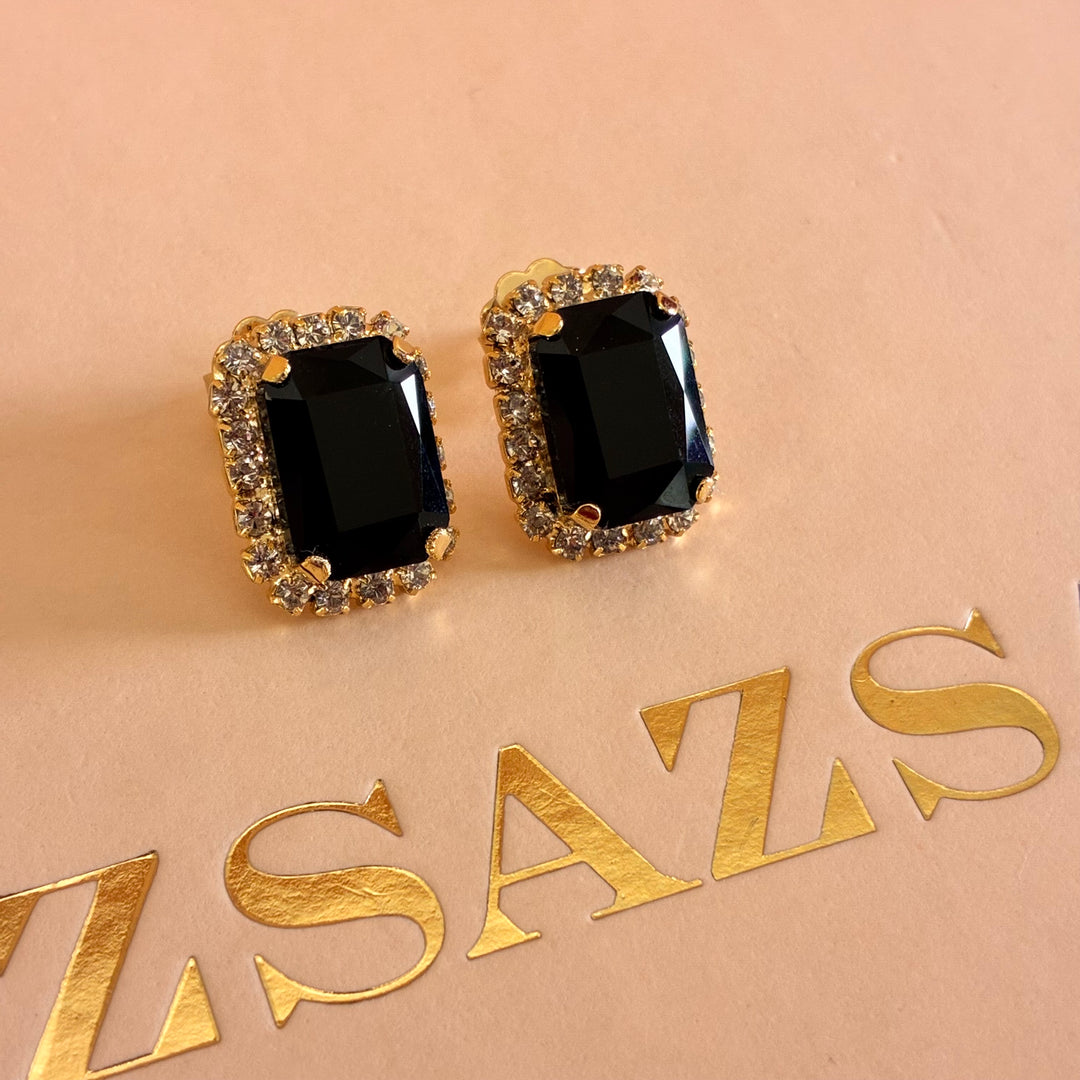 Rectangular Black Preciosa Crystals gold plated pendant set