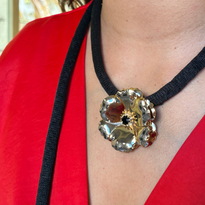 Black silk cord necklace with Flower Preciosa crystals