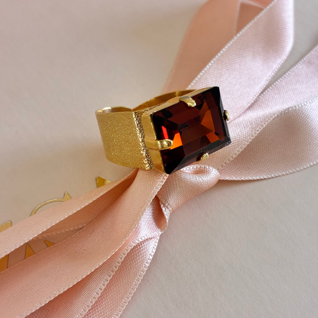 Rectangular brown preciosa crystal gold plated ring