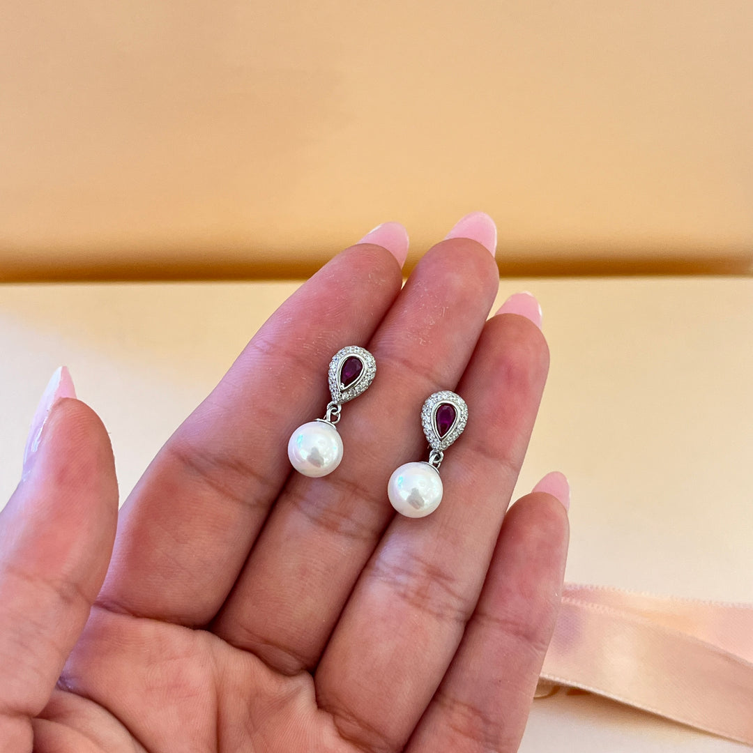 Fuchsia zircone and pearls earrings