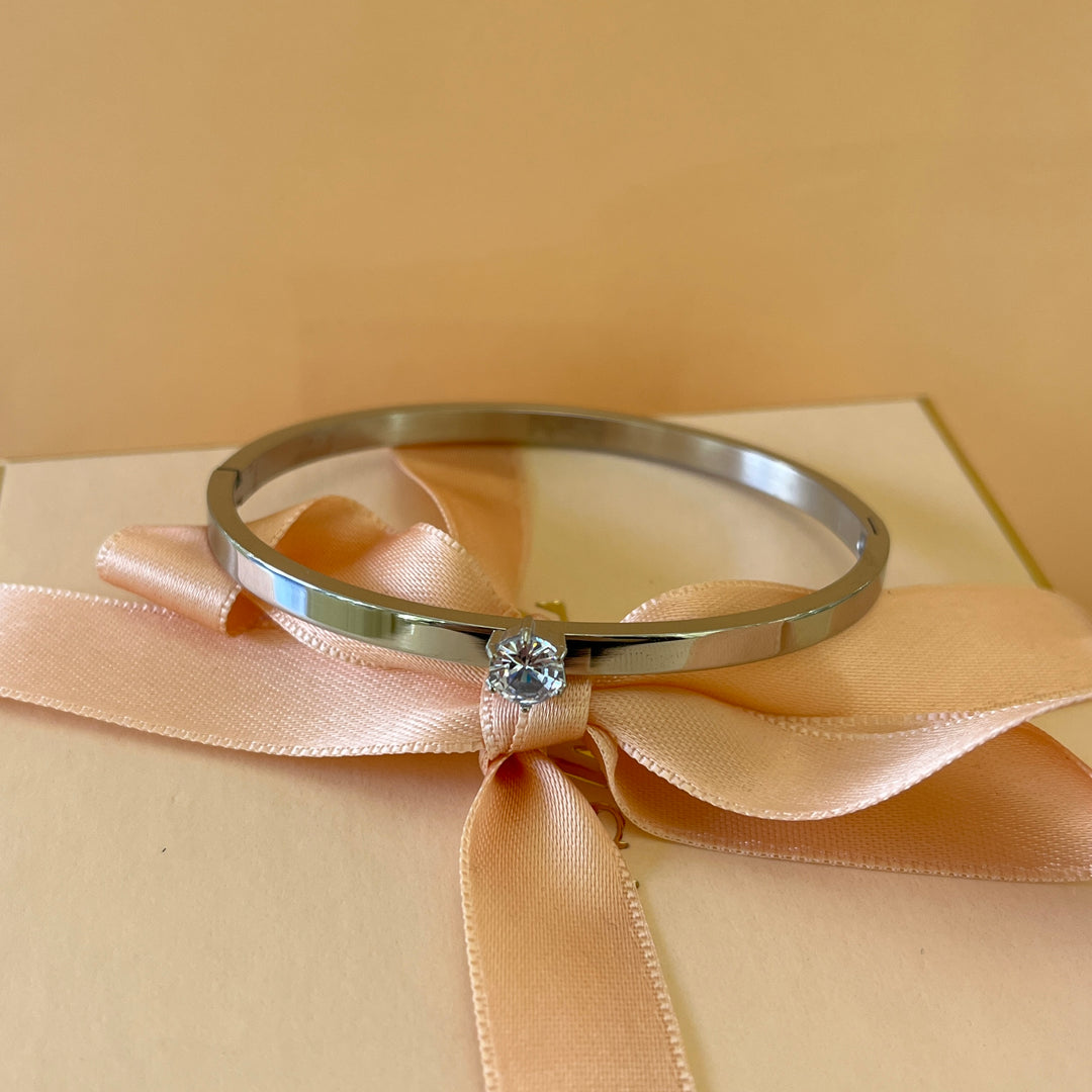 Zircone silver stainless steel bangle