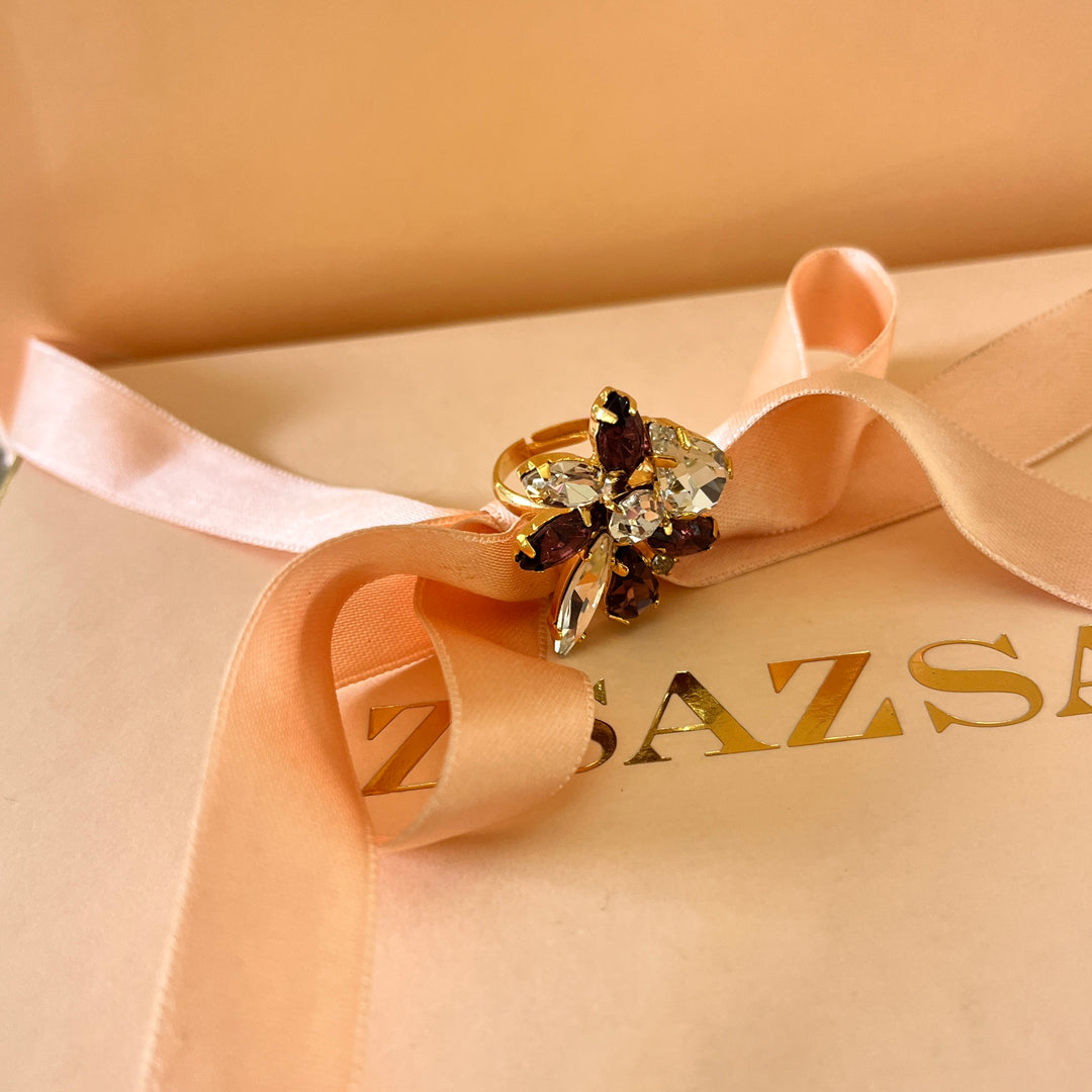 Shade of purple Preciosa crystals long pendant and ring