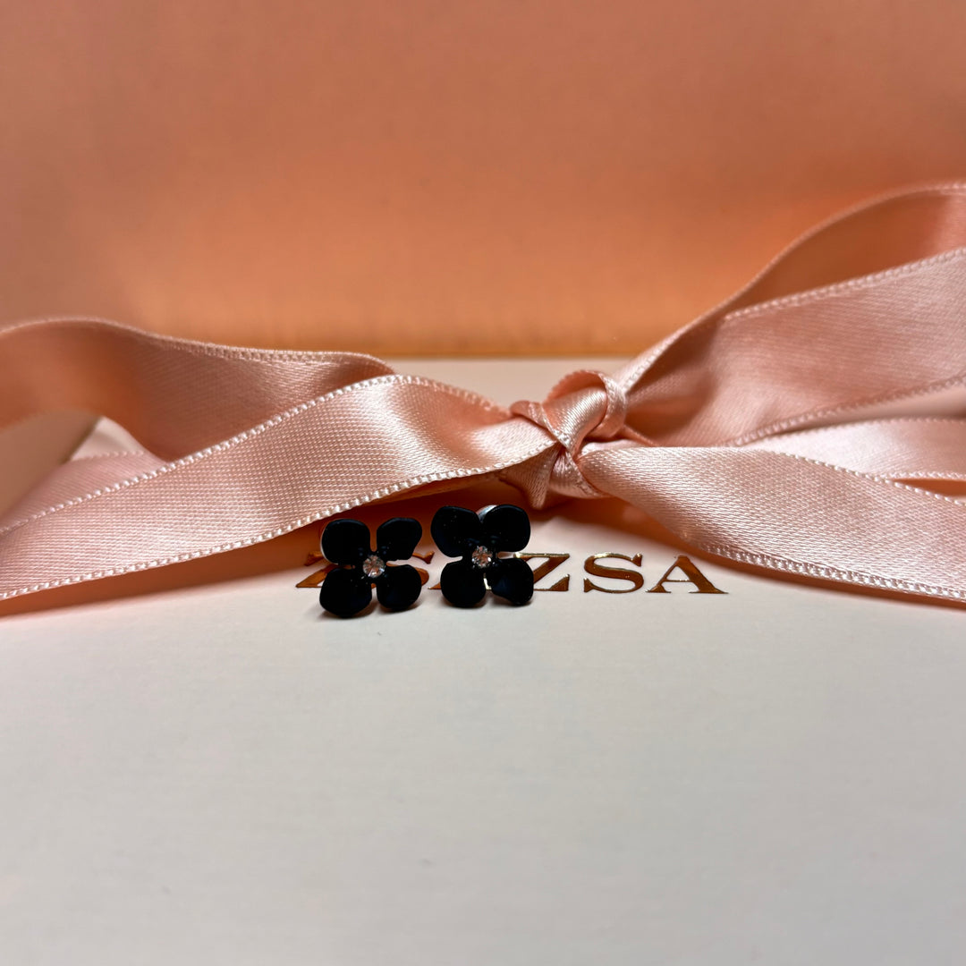 Dainty black rhinestone flower earrings