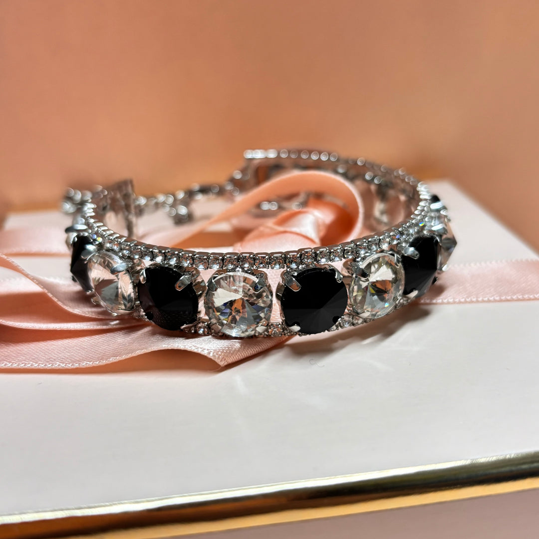 Black rhinestone silver bangle