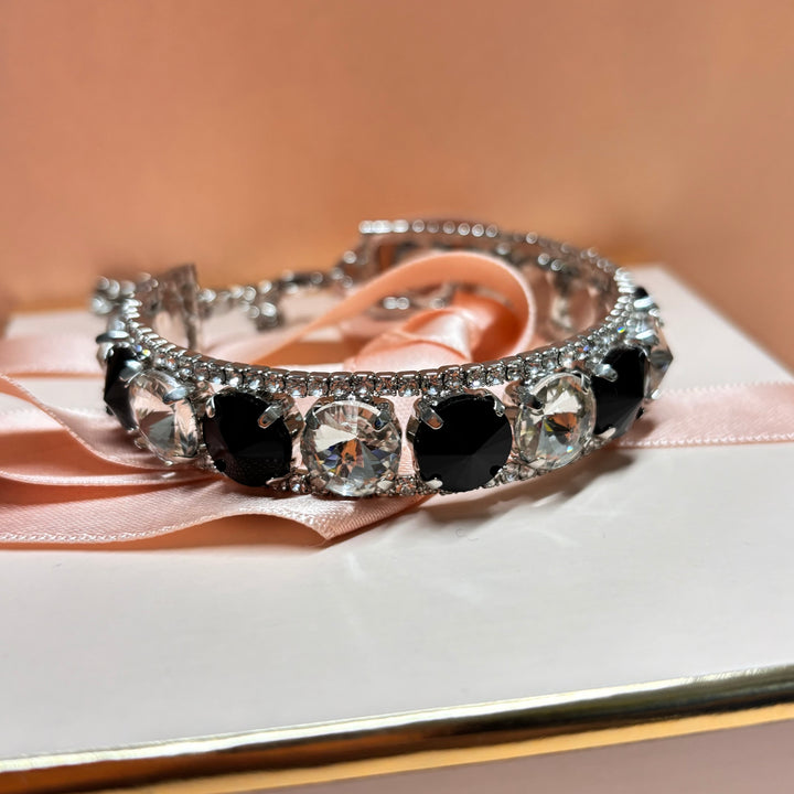 Black rhinestone silver bangle