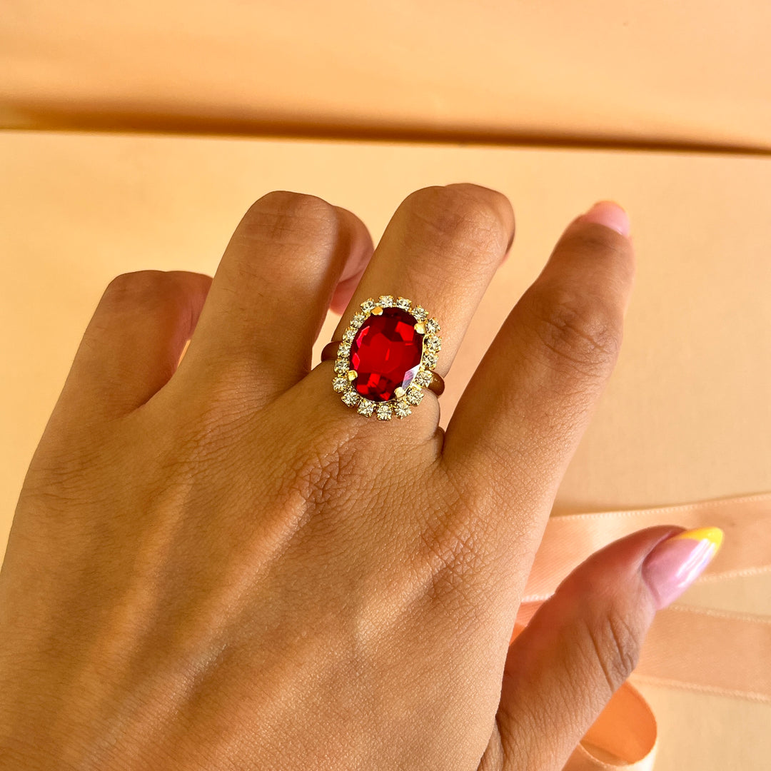 Red oval Preciosa crystals studs and ring