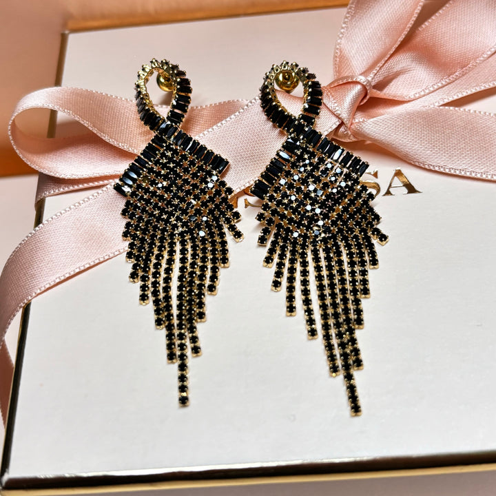 Black rhinestone gold fringe earrings