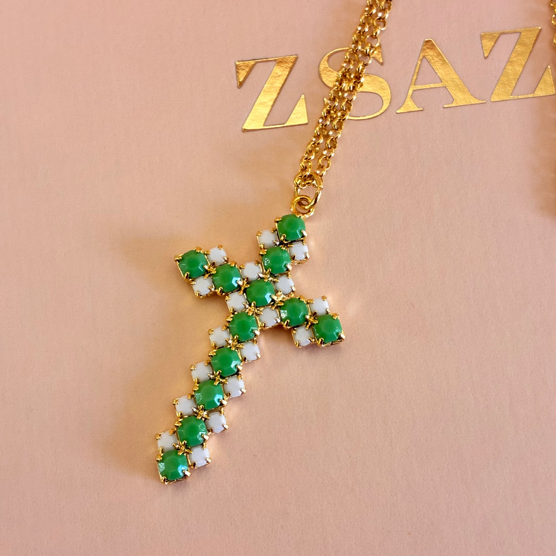 Green and white Cross pendant