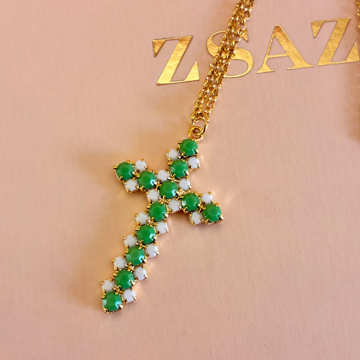 Green and white Cross pendant